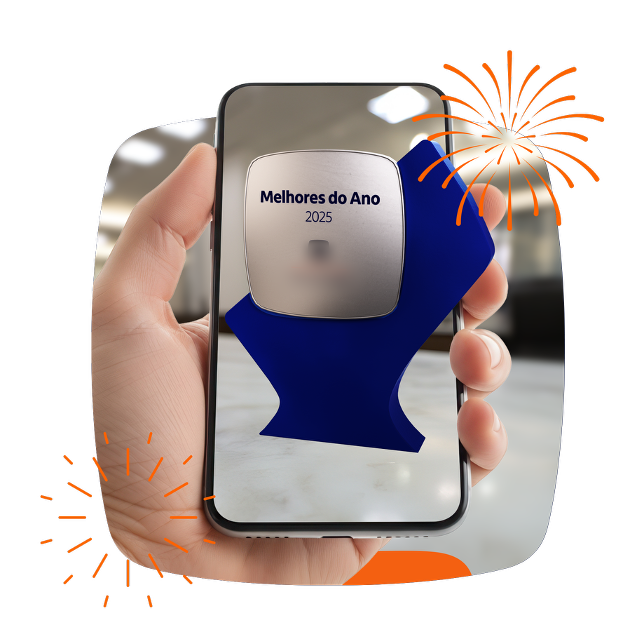 A hand holding a phone showing an augmented reality trophy rising from a printed card.