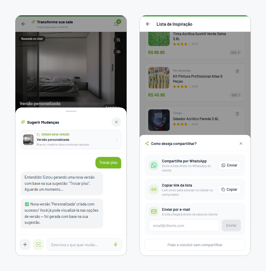 Two screens: asking the AI for changes to the generated scene, and the share sheet for sending the list to the client.