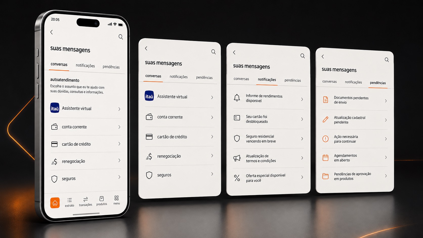 Four screens of the messages area, split into conversations, notifications and pending items.