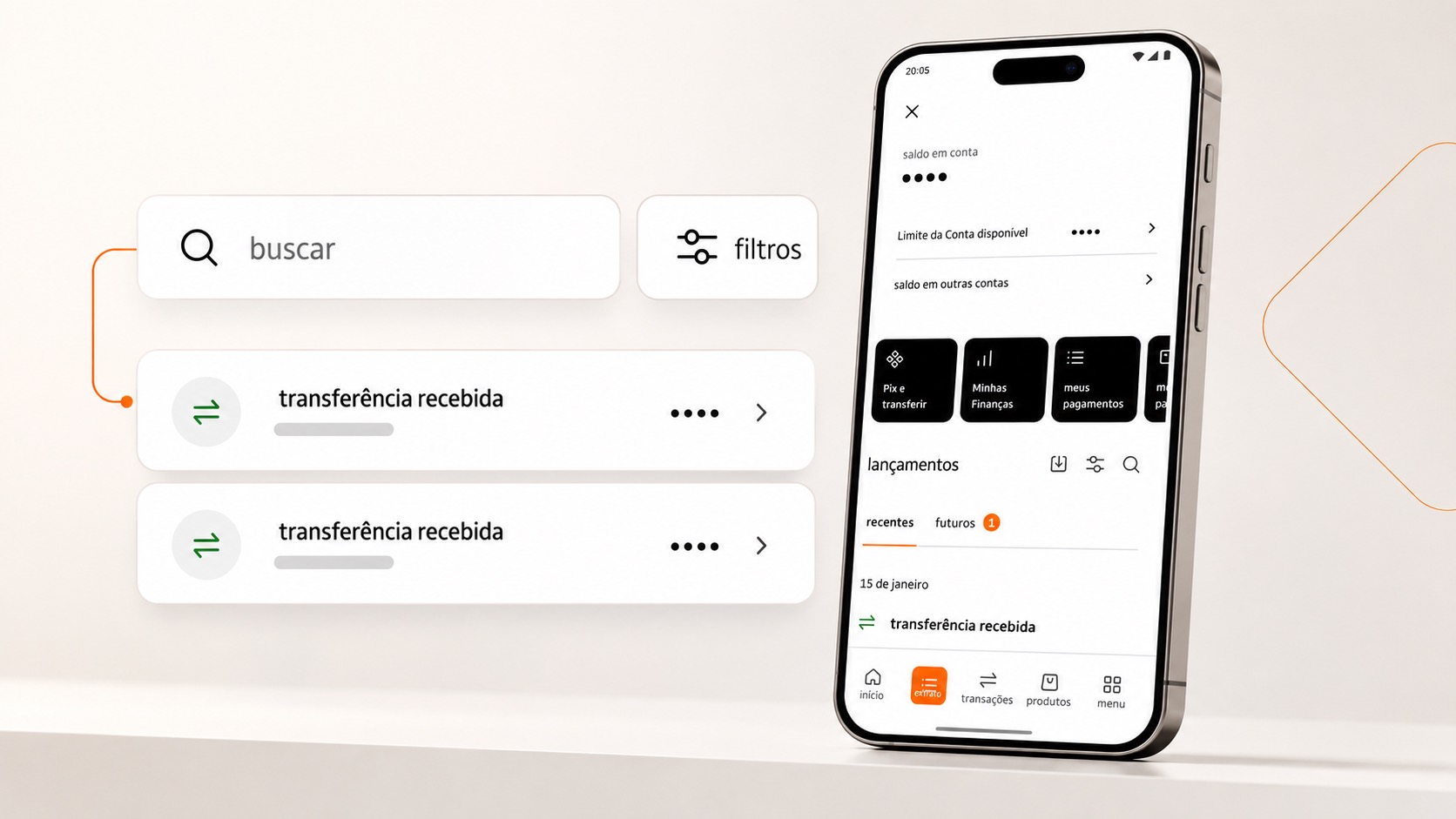 The statement screen with search, filters and recent entries.