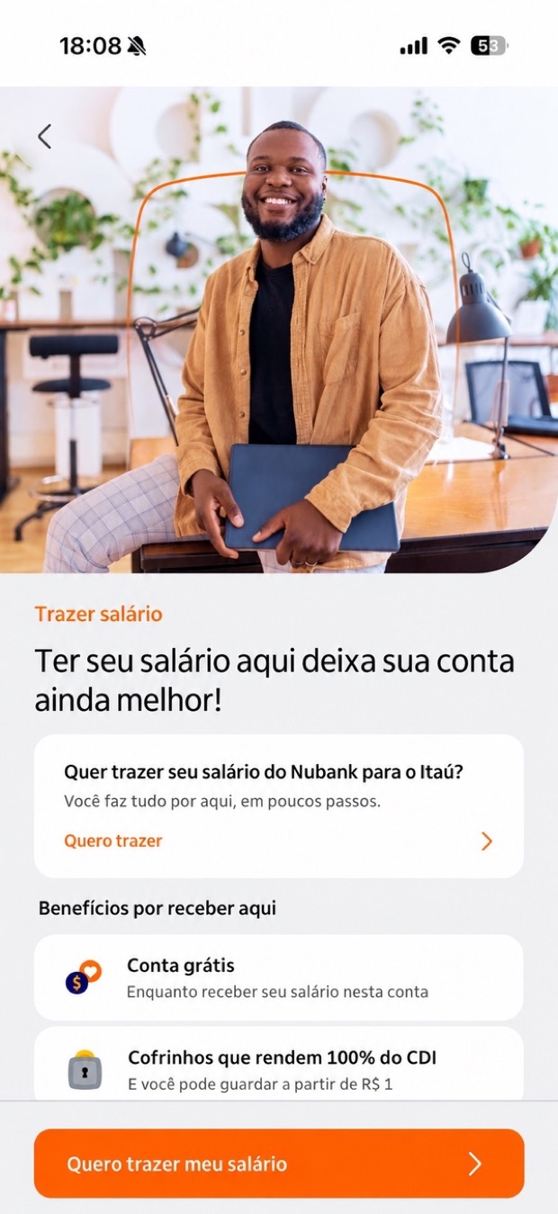 The same screen after the change, with a card above the benefits inviting the customer to bring a salary held at another bank.