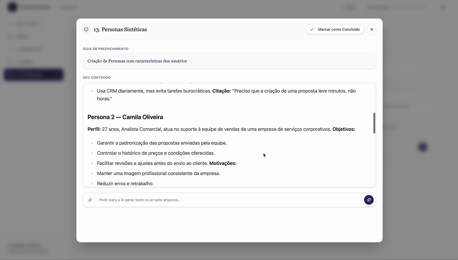 A generated synthetic persona with profile, objectives and motivations.