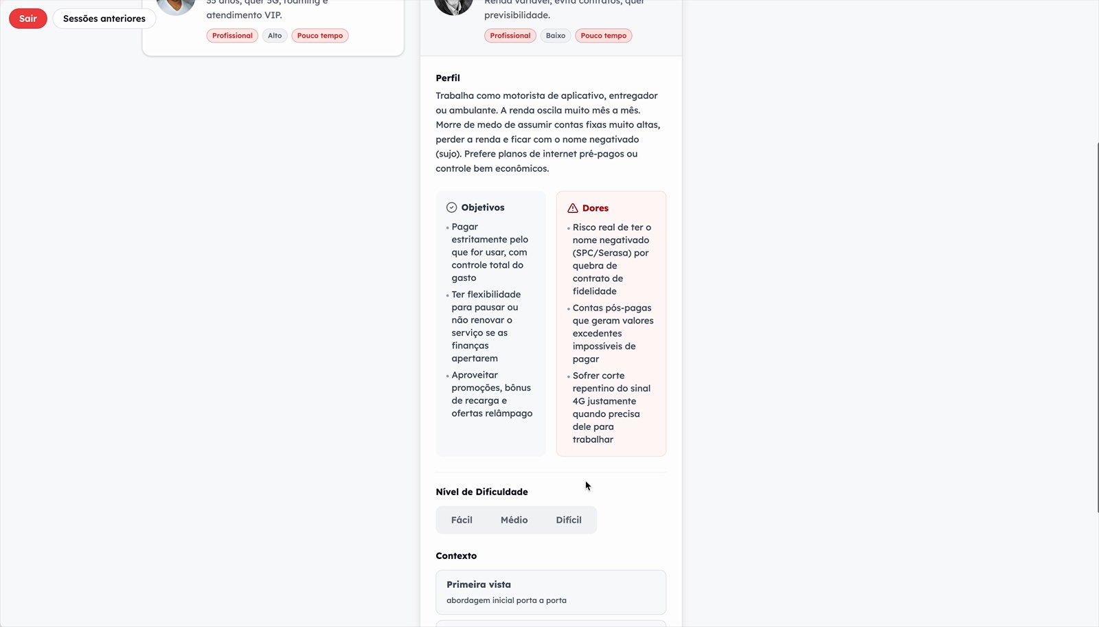 A synthetic customer profile in Vend.AI showing objectives, pain points and context.